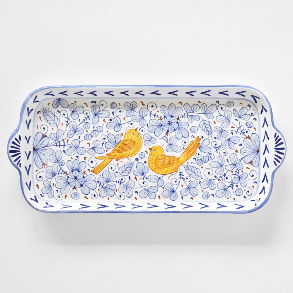 Yellow Birds on Blue Leaves Arabesco Blue Yellow tray