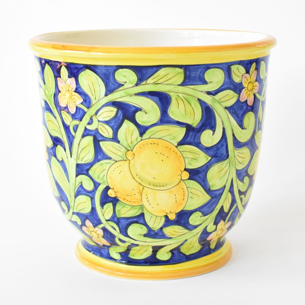 italian ceramic plant pots Limoni Blu footed planter 33cm