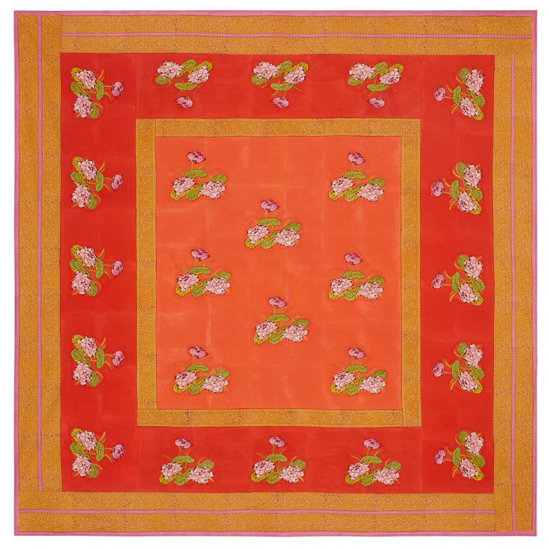Lisa Corti Tea Flower Red Orange cotton tablecloth 220x220cm square