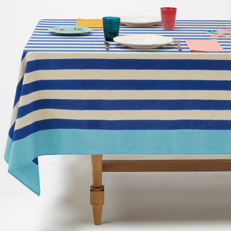 Lisa Corti Nizam Stripes Blue Natural printed muslin cotton 180x270cm table cover
