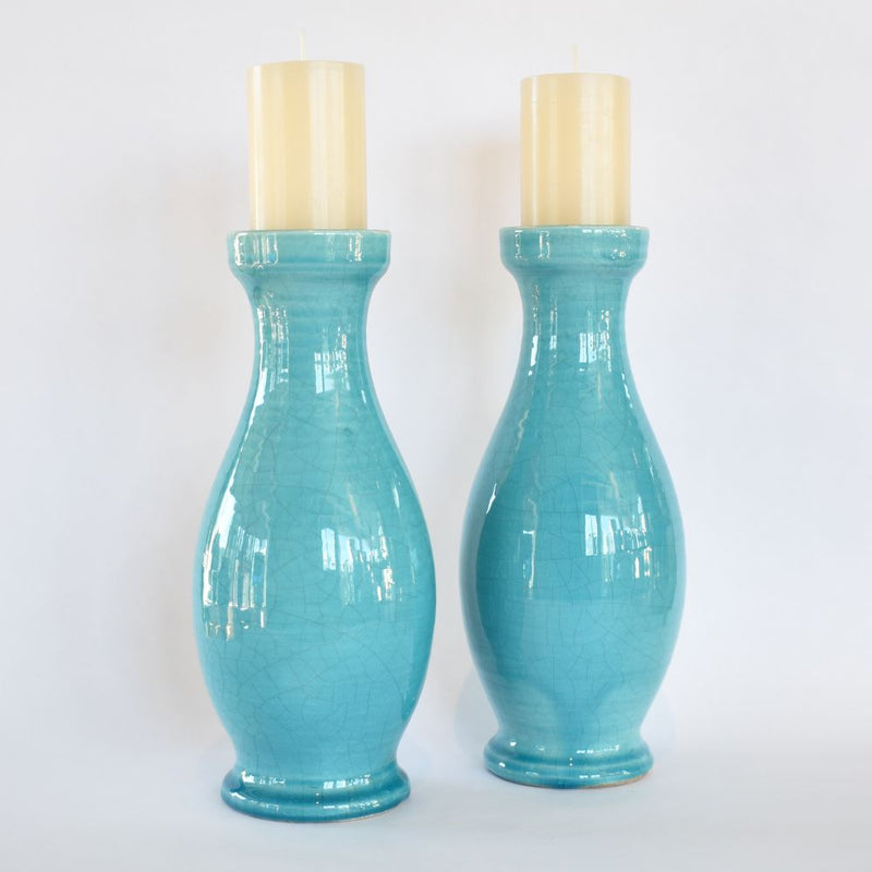 Turquoise bottle-shaped pillar candleholders